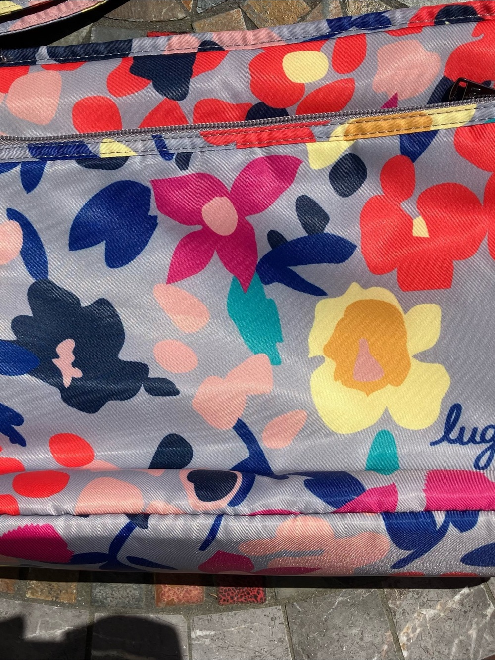 Lug Quilted Floral Crossbody Bag - Gray with Pink, Blue & Yellow shimmy style - Picture 2 of 5